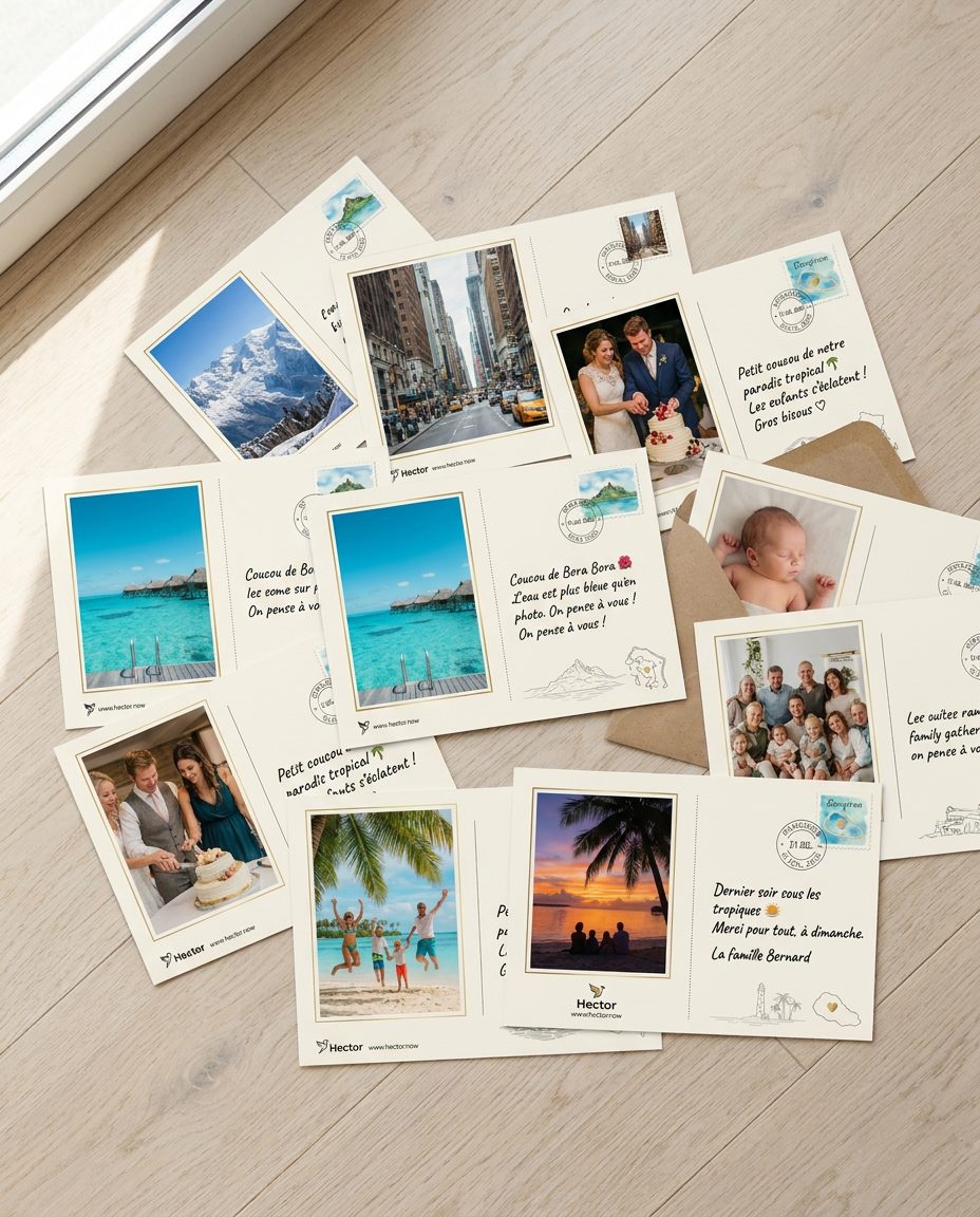 Des cartes postales Hector imprimées avec des photos de famille et de voyage