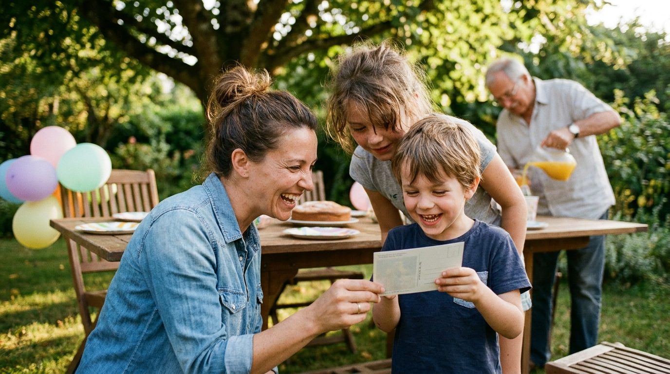 Une famille découvre une carte Hector dans le jardin
