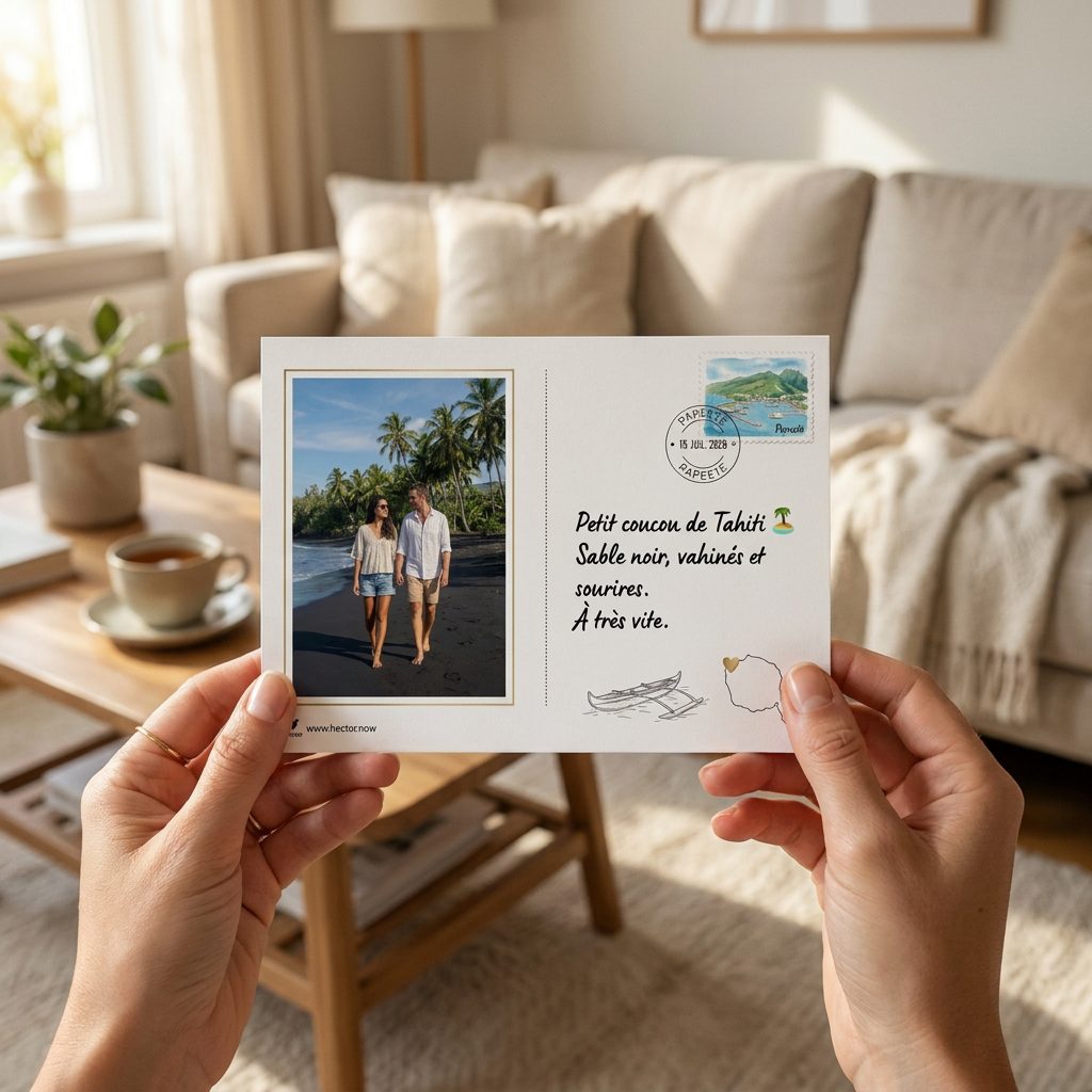 Deux mains tenant une carte Hector dans un salon