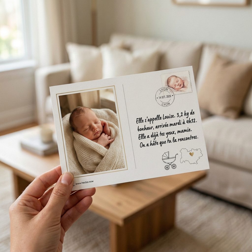 Une carte Hector avec la photo d’un bébé, tenue dans un salon